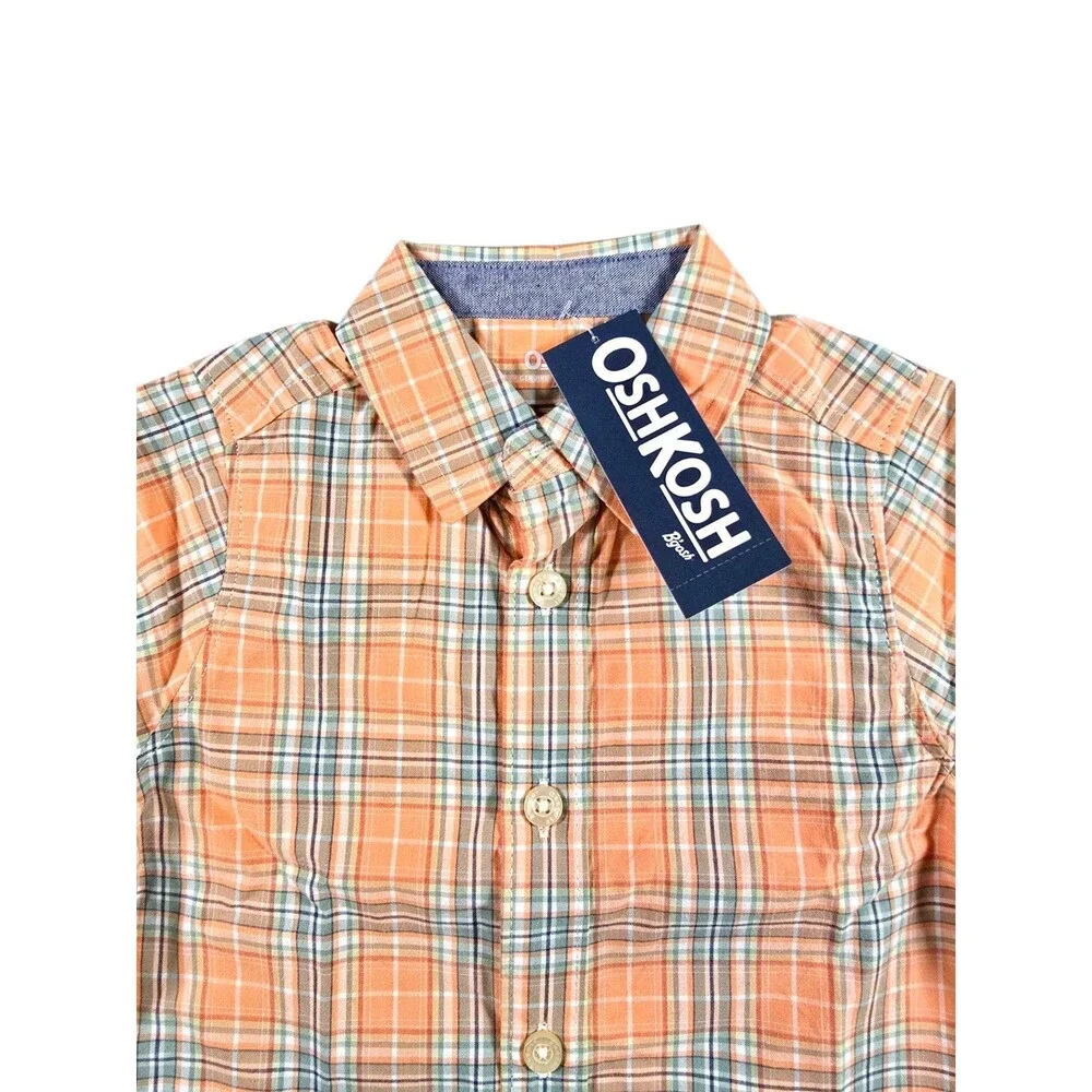 Oshkosh B'Gosh Boy's Orange & White Plaid Short Sleeve Button Down Shirt Sz 12M
